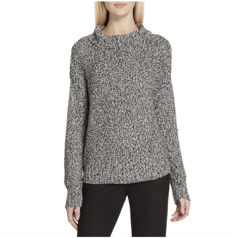 Eileen Fisher Organic Cotton Marled Cowl Neck Sweater Black & White Size Large